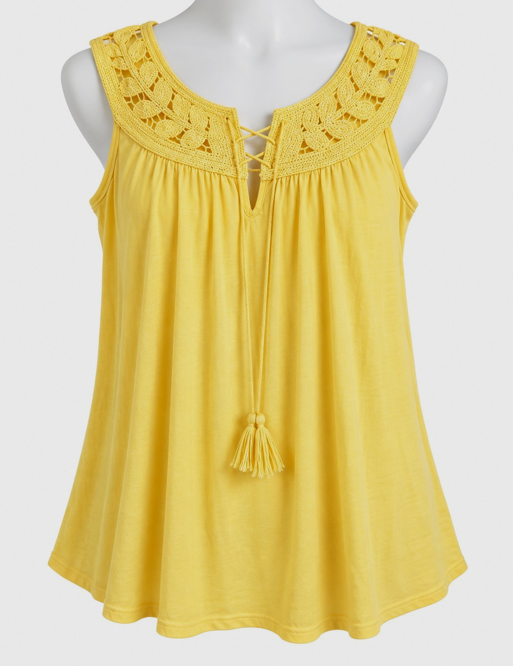 Max Studio Yellow Crochet Yoke Tassel Tie Sleeveless Tank Top Womens Size S